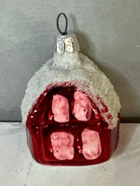 Vintage Blown Glass Christmas Tree Ornament Snow Covered Red House